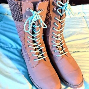Stylish Grey Lace-Up Boots with Blue Accents